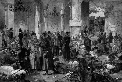 Bécs 1882, Észak-Fahn elveszett ügyeinek terme: az oroszországi antiszemita mozgalom lecsillapítása után száműzött zsidók hazatelepítése a Le Monde Illustre-ből alkotó: French School