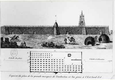 A timbuktui nagy mecset képe és terve, Rene Caillie (1799-1838) Journal dun voyage a Tombouctou című könyvéből, 1830 alkotó: French School