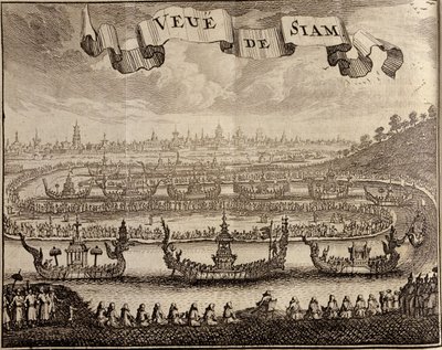 Ayutthaya kilátása királyi bárkákkal, Guy Tachard Voyage du Siam des Peres Jesuites című filmje, 1688 alkotó: French School