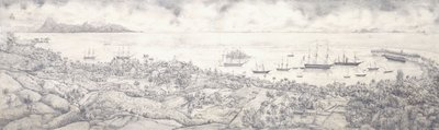Kilátás Papeete, Tahiti, kilátás a kikötőre Moorea felé, 19. század közepe alkotó: French School