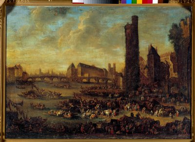 Párizs kilátása a Côte de la Cite felől, a francia iskola Tour de Nesles festményéről. 1650 V. 0,59 x 0,82 m Versailles. Chateau Múzeum alkotó: French School