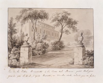 A Villa Bianchetti kilátása a Bologna melletti Croce del Biaccoban, S.A.I. metszet. Busatti után, M. Hofer színezte, 1814. december (színes metszet) alkotó: French School