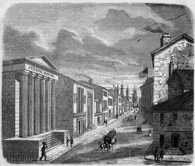 Kilátás a Wall Streetre, a banknegyedre, New York, New York. Egyesült Államok (Egyesült Államok) alkotó: French School