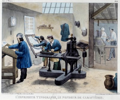 Nyomdaműhely képe: a tipográfus és a karakterkészítő. Bineteau litográfiája alkotó: French School