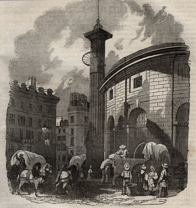 Kilátás a párizsi halle au ble-re (épült 1763-1769-ben) és a Medici-oszlopra, metszet 19. század eleje - búza- és kukoricabörze Párizsban (épült 1763-1769), metszet 19. század eleje - A Halle au ble képe, a jelenlegi Hotel de Soisban helyezték el alkotó: French School