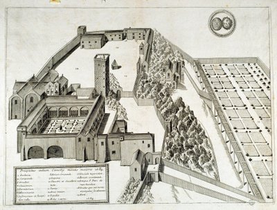 Kilátás a 948-ban alapított Saint Pierre de Montmajour (vagy Mont Majour) bencés apátságra, Arles, Franciaország (metszet) alkotó: French School