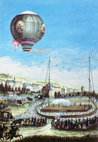 Kilátás a lyoni Brolteaux-ra és a Montgolfier hőlégballon harmadik repülésére 1784. január 10-én (színes metszet) alkotó: French School