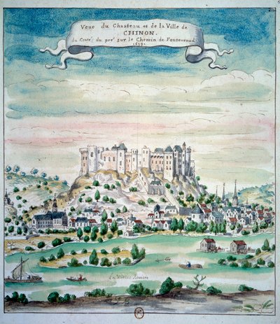 Kilátás a Chateau de Chinon Akvarellre a francia iskolából. 1699 Párizs, B.N. alkotó: French School