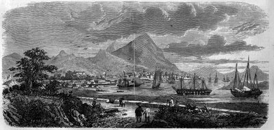 Hongkong városának (Hongkong) látképe (Canton Bay Island) 1857-ben. Metszet a „” Le Monde Illustré”” 29. számban, 1857. október 31.. alkotó: French School