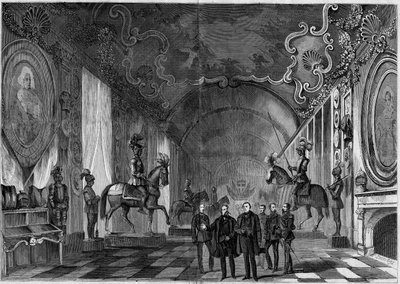 Kilátás a torinói palota (Olaszország) fegyvertermére II. Viktor Emmánuel (Vittorio Emanuele) (Victor-Emmanuel) (1820-1878) és Napóleon herceg (1822-1891) látogatása során alkotó: French School