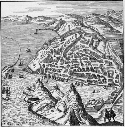 Kilátás a városra és Marseille kikötőjére a 16. században. Metszet: „La Marine et les colonies: kereskedelem” alkotó: French School