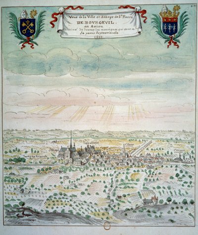 Kilátás a városra és a Saint Pierre de Bourgueil apátságra Akvarell a francia iskolából. 1699 Párizs, B.N. alkotó: French School