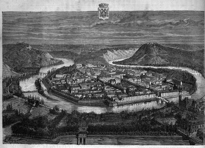 Kilátás Besancon városára a Doubsban. Metszet 1880-ból a „La republique illustree”” magángyűjteményben. alkotó: French School
