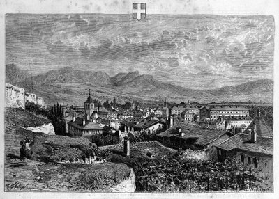 Kilátás Chambery városára Savoyában. Metszet 1880-ból a „La republique illustree”” magángyűjteményben. alkotó: French School