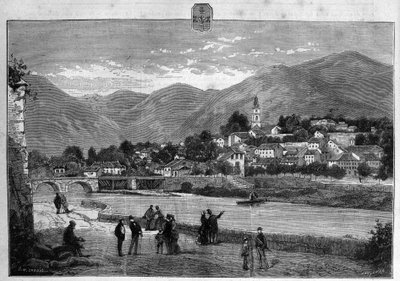 Kilátás Digne városára az Alsó-Alpokban (Alsó-Alpok). Metszet 1880-ból a „La republique illustree”” magángyűjteményben. alkotó: French School