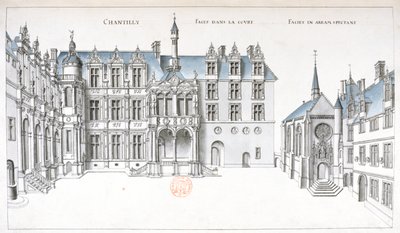 Kilátás a Chantilly udvarára és kápolnájára (toll, tinta és WC papíron) alkotó: French School