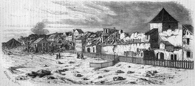 Kilátás Kastrich városának kerületére, Mainzban (Németország), a porhordó 1857-es robbanása után. Fényképről. Metszet a „” Le Monde Illustré”” 36. számában, 1857. december 19. alkotó: French School