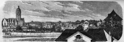 Kilátás Kastrich városának kerületére, Mainzban (Németország), a porhordó 1857-es felrobbanása előtt. Fényképről. Metszet a „” Le Monde Illustré”” 36. számában, 1857. december 19. alkotó: French School