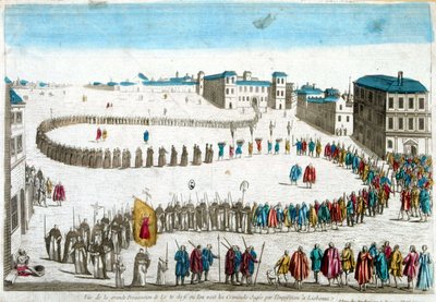 Kilátás a self-dafé nagy felvonulására, ahol az inkvizíció által megpróbált bűnözőket látjuk Lisszabonban - metszet alkotó: French School