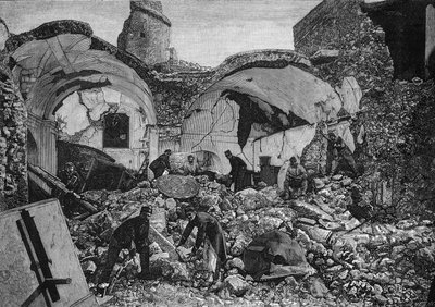 Kilátás a Chiese del Purgatorio romjaira, amely az 1881-es földrengés során megsemmisült Ischia szigetén (Olaszország). Quesnel metszete az 1881. április 9-i „” The Illustrous World”” 1254. sz. alkotó: French School