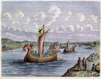 Viking csónak – Drakkar – Norman hajók fel a folyón – metszet Henri Martin „L