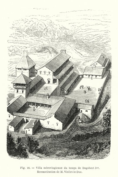 Meroving villa I. Dagobert idejéből, M Viollet-le-Duc rekonstrukciója (metszet) alkotó: French School