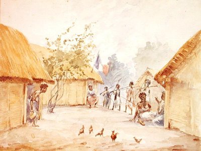 Falu Madagaszkáron a francia hódítás idején, 1895-96-ban (akvarell papíron) alkotó: French School