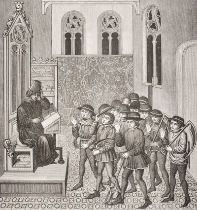 A gazemberek, akik munkába indulás előtt kapják meg Lordok parancsát, egy 15. századi kézirat miniatűrje után, Paul Lacroix (1806-84) Le Moyen Age et La Renaissance című művéből, 1847-ben megjelent. alkotó: French School