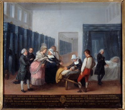 Monsieur és Madame Necker látogatása a jótékonysági intézetben Ez egy kórház (ma Necker Kórház Párizsban), amelyet a miniszter és felesége, Lettres felesége alapított 1778-ban. A francia iskola festménye. 18. század. Párizs, Musee de l