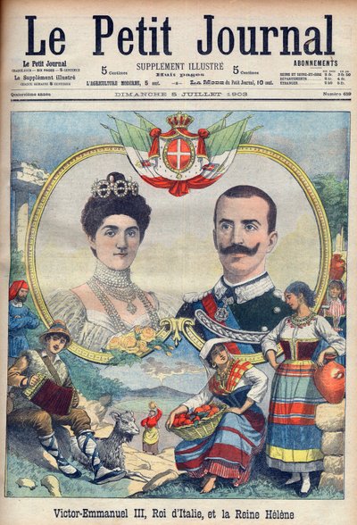 Vittorio Emanuele III di Savoia és Elena di Savoia – III. Viktor Emmánuel király és Elena olasz királynő. III. Viktor Emmánuel, Olaszország királya és Heléna királyné. Illusztráció a Le petit Journalhoz, 1903. július 5. alkotó: French School