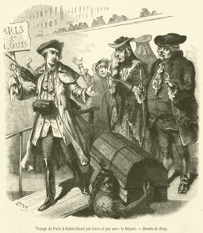 Utazás Párizsból Saint-Cloudba szárazföldön és tengeren, Le Depart (metszet) alkotó: French School