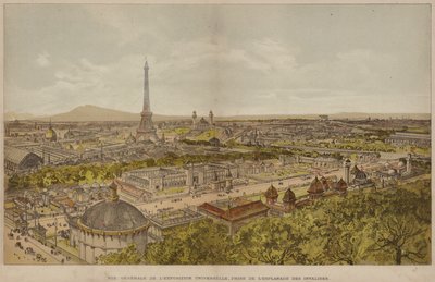 Általános nézet az egyetemes kiállításról, az Esplanade des Invalidesről (színes metszet) alkotó: French School
