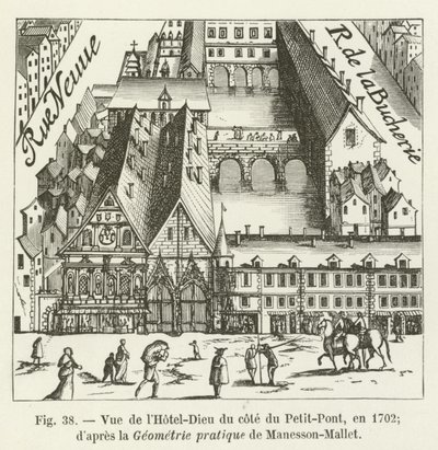 A Hôtel-Dieu kilátása a Petit-Pont oldalról, 1702-ben; Manesson-Mallet gyakorlati geometriája szerint alkotó: French School