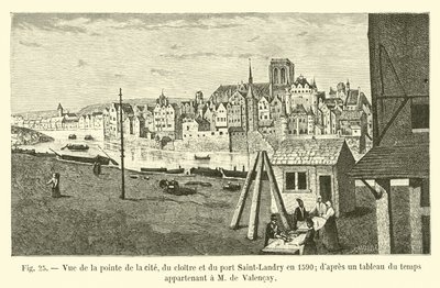 Kilátás a város csúcsára, a kolostorra és a Saint-Landry kikötőre 1590-ben; egy M de Valencayhez tartozó órarendből alkotó: French School