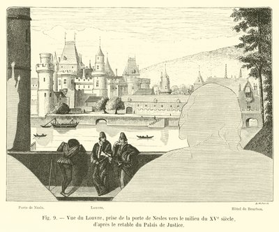 Kilátás a Louvre-ra, a Porte de Nesles-ből a 15. század közepe táján, a Palais de Justice oltárképe után alkotó: French School