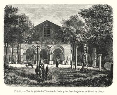 Kilátás a párizsi Palais des Thermesre, a Hôtel de Cluny kertjéből (metszet) alkotó: French School