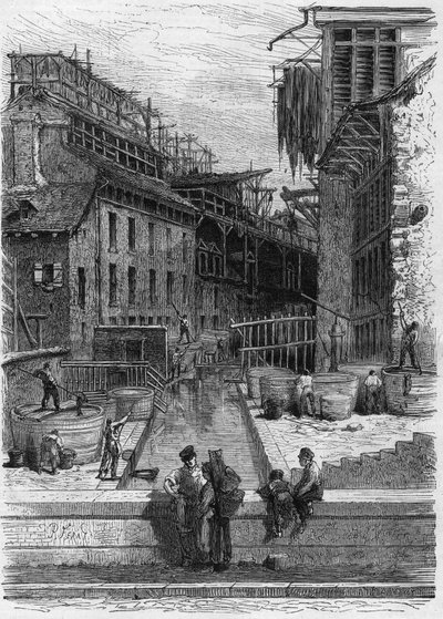 Kilátás egy bőrgyárra és bőrmosó létesítményre a párizsi Bievre partján alkotó: French School