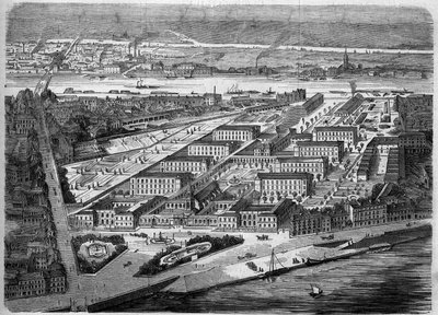 A nantes-i Hotel Dieu (Hotel-Dieu) külső képe, 1863-ban avatták fel. Ez a kórház csaknem teljesen megsemmisült egy 1943-as bombatámadás során. Loire Atlantique (44). Metszet a "Le Monde Illustre" 347. sz.-ban, 1863. december 5. alkotó: French School