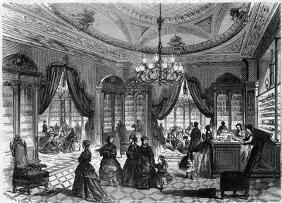 Herbert úr cipőboltjának belső képe, 93 rue de Richelieu Párizsban. Metszet a "Le Monde Illustre"" 613. sz. számában, 1869. január 9-én. alkotó: French School