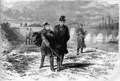 1870-es háború: Interjú Adolphe Thiers (1797-1877) és Jules Favre (1809-1880) között, akik a Németországgal folytatott fegyverszüneti tárgyalások megszakításáról döntöttek. Metszet a „” Le Monde Illustré”” 709. számában, 1870. november 12-én. alkotó: French School