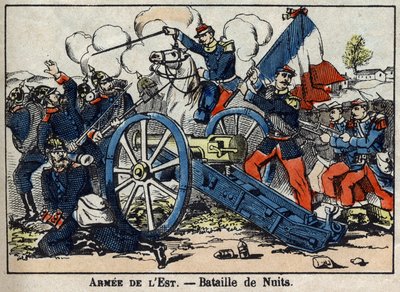 1870-es háború Franciaország és Poroszország között: Éjszakai csata – Saint-George csata az aranyparton a németek és a keleti armee között 1870-ben. Epinal Images alkotó: French School