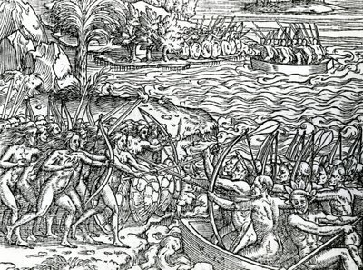 Háborús jelenet, Brazília, illusztráció a "Singularities of France Antarktique" című filmből, Andre de Thevet, 1558 alkotó: French School