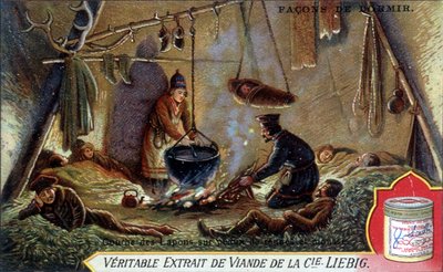 Alvásmódok: Öblítse le a rénszarvasbőrt és a habot. Kromolitográfiai csomagolás Liebig. alkotó: French School