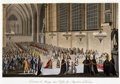 Esküvői szertartás (Habsburg Napóleon és Habsburg Mária Louise) a bécsi Augustinusok templomában, április 2. alkotó: French School