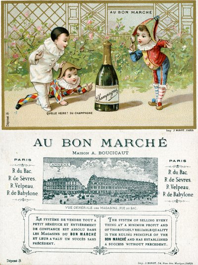 Milyen szerencse! egy üveg pezsgő; a párizsi Bon Marché Áruházak promóciós kártyájának eleje és hátlapja, 1895 körül alkotó: French School