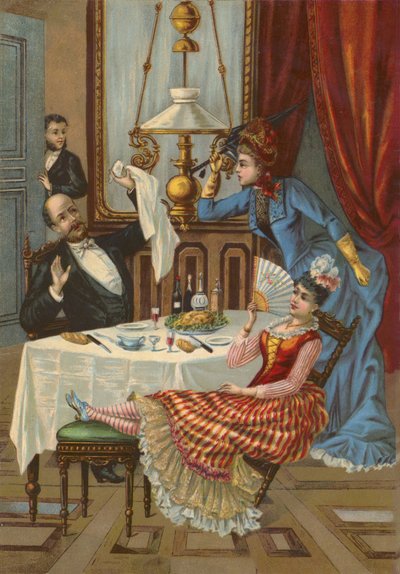 Feleség megdorgálja férjét, amiért az szeretőjét vacsorára hívja (kromolito) alkotó: French School