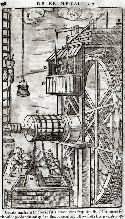 Csörlő víz kinyerésére a bányából, Georg Bauer (1494-1566) Agricola néven ismert De Re Metallica illusztrációja, 1561 alkotó: French School