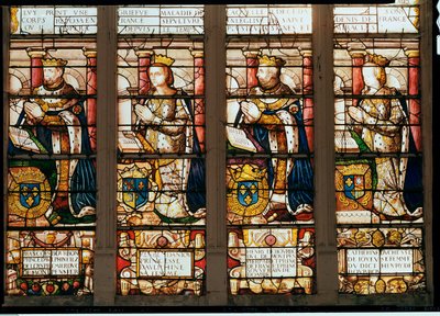 Francois de Bourbon (1539-92) Dauphin herceget, Rene dAnjou (1550-74) Montpensier hercegnőt, Henri de Bourbon (1573-1608) Montpensier herceget és Catherine de Joyeuse, Guis hercegnőt ábrázoló ablak alkotó: French School