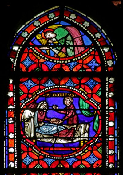 Ablak, amely jelenetet ábrázol Saint Bonnet életéből: Egy vak nő gyógyulása alkotó: French School