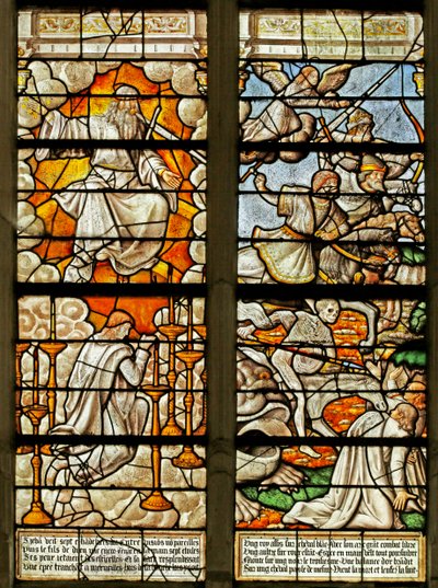 Jeleneteket ábrázoló ablak a Jelenések könyvéből (festett üveg) alkotó: French School